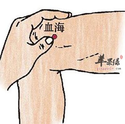 拇指和食指成45,拇指尖所在的位置就是血海穴